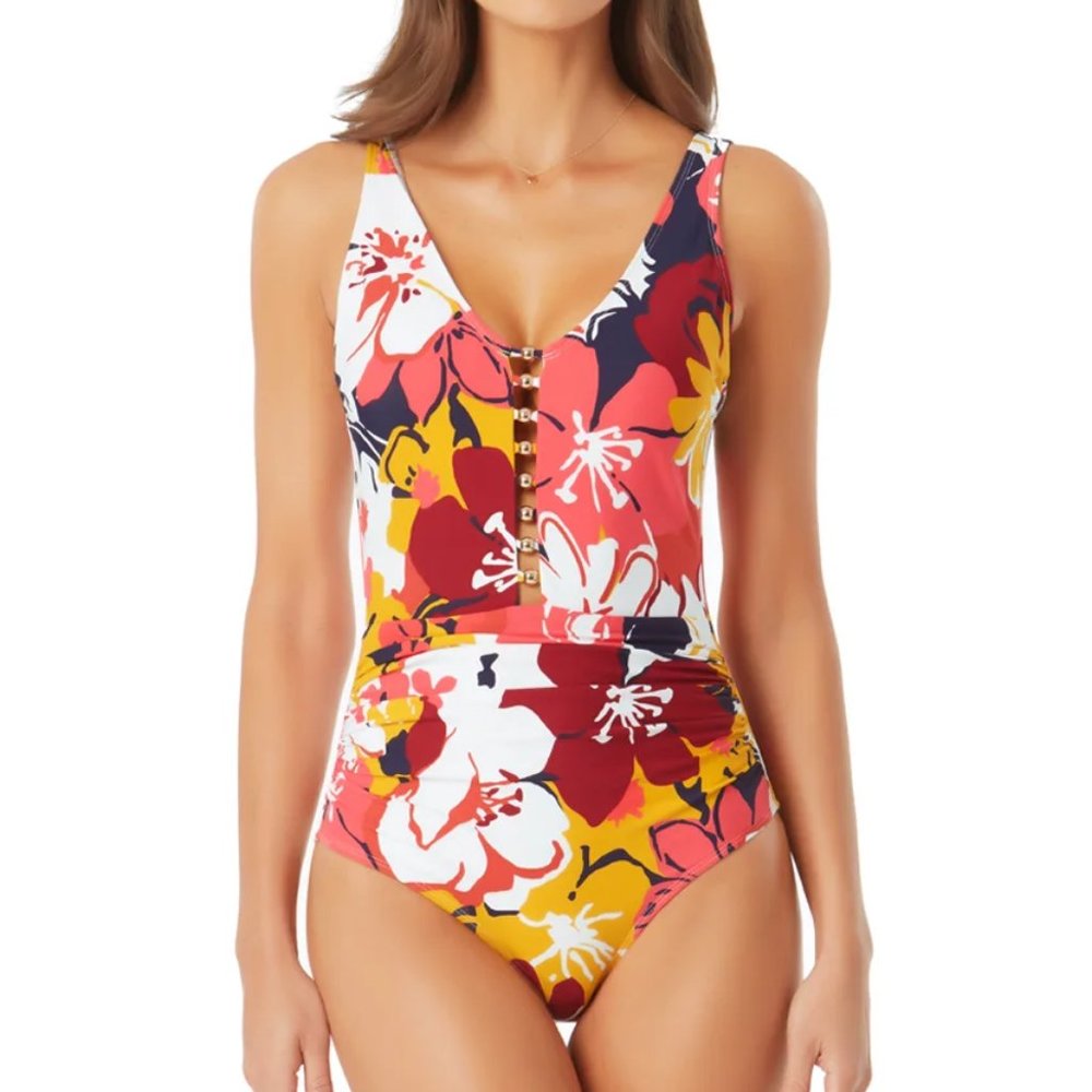 Anne Cole Center Front Beaded Plunge One Piece Swimsuit